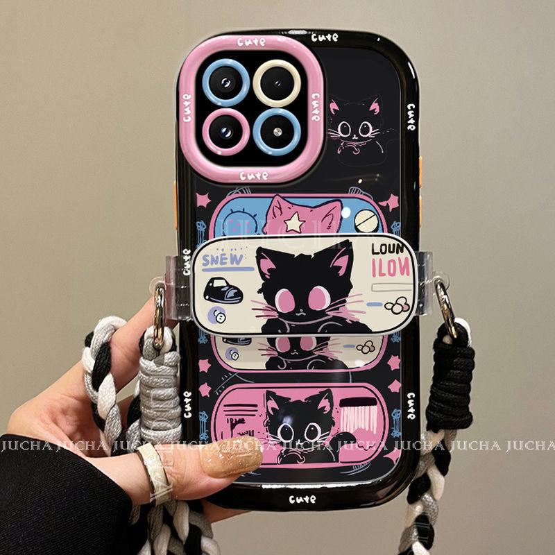 High-End Xiaomi 17 Pro Max Case: Full Coverage Black & Pink Cat Design with Lanyard
