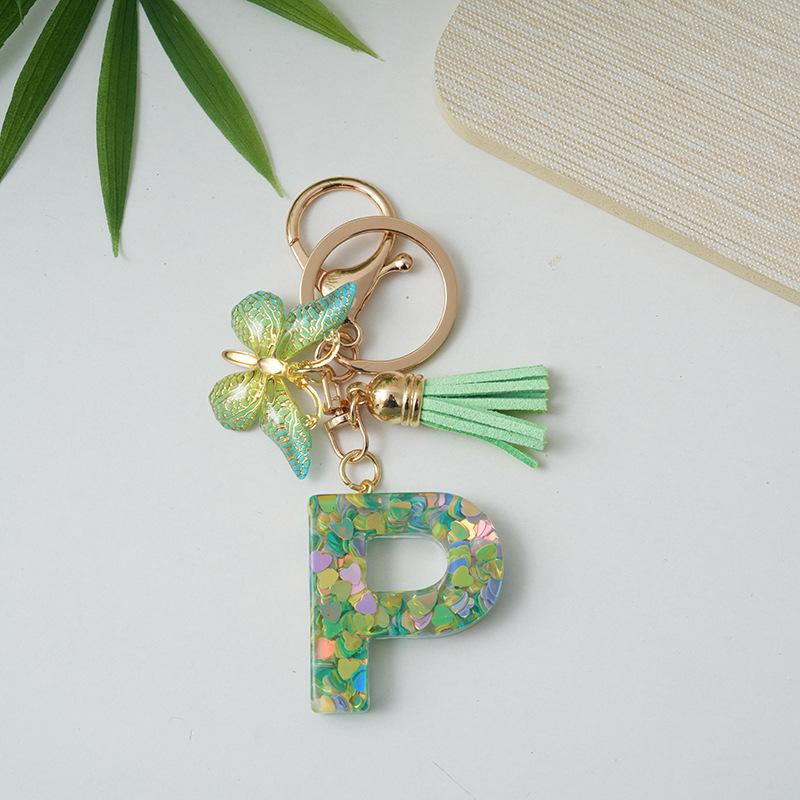 A-Z Initial Letter Keychain Green Butterfly Tassel Letter Charm Bag Pendant Couple Key Holder Pendant For Friend Gifts
