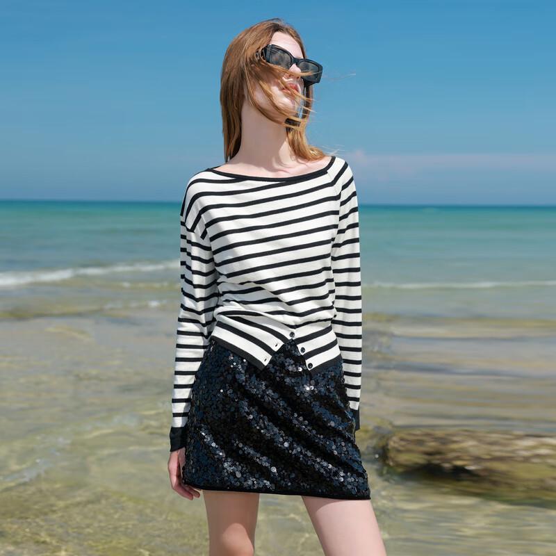 Sancai Women's Striped Slanted Collar Knit Pullover