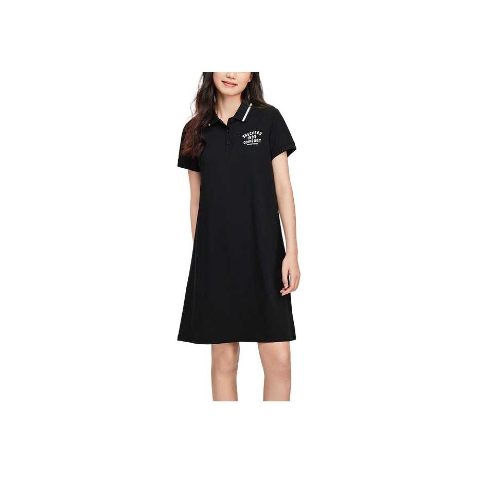 Skechers Fashion Simple Button Letter Polo Collar Short Sleeve Dress Women Dresses Carbon-Black L224W094-0018