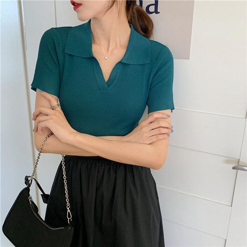 Summer Women Solid V Neck T-Shirt Casual Short Sleeve Knitted Polo Tee Tops