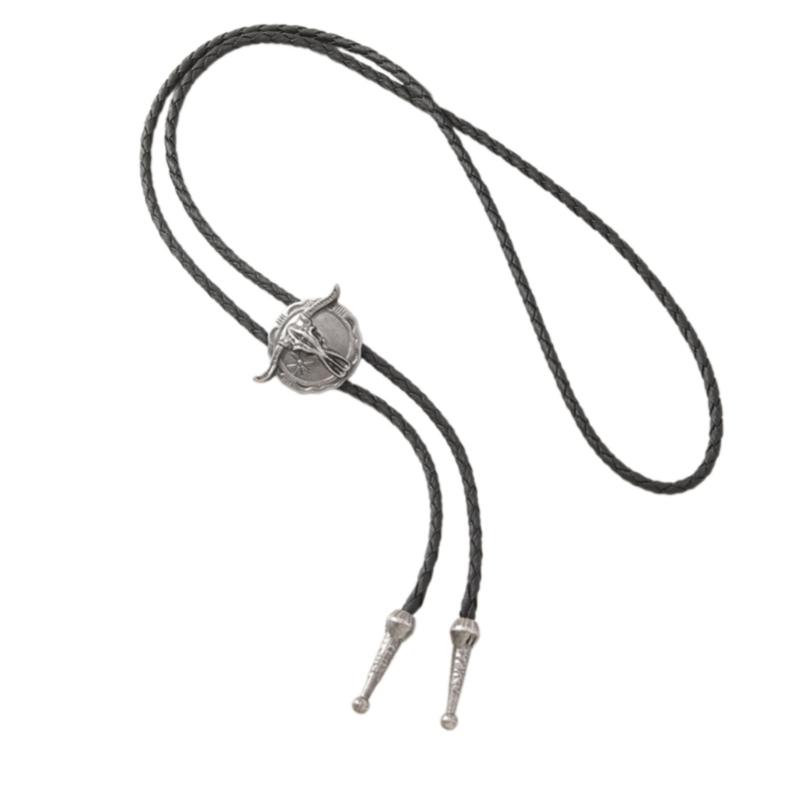 Vintage Western Cowboy Alloy Bullhead Bolo Tie Necklace Adjustable PU Cord Necklace For Men And Women