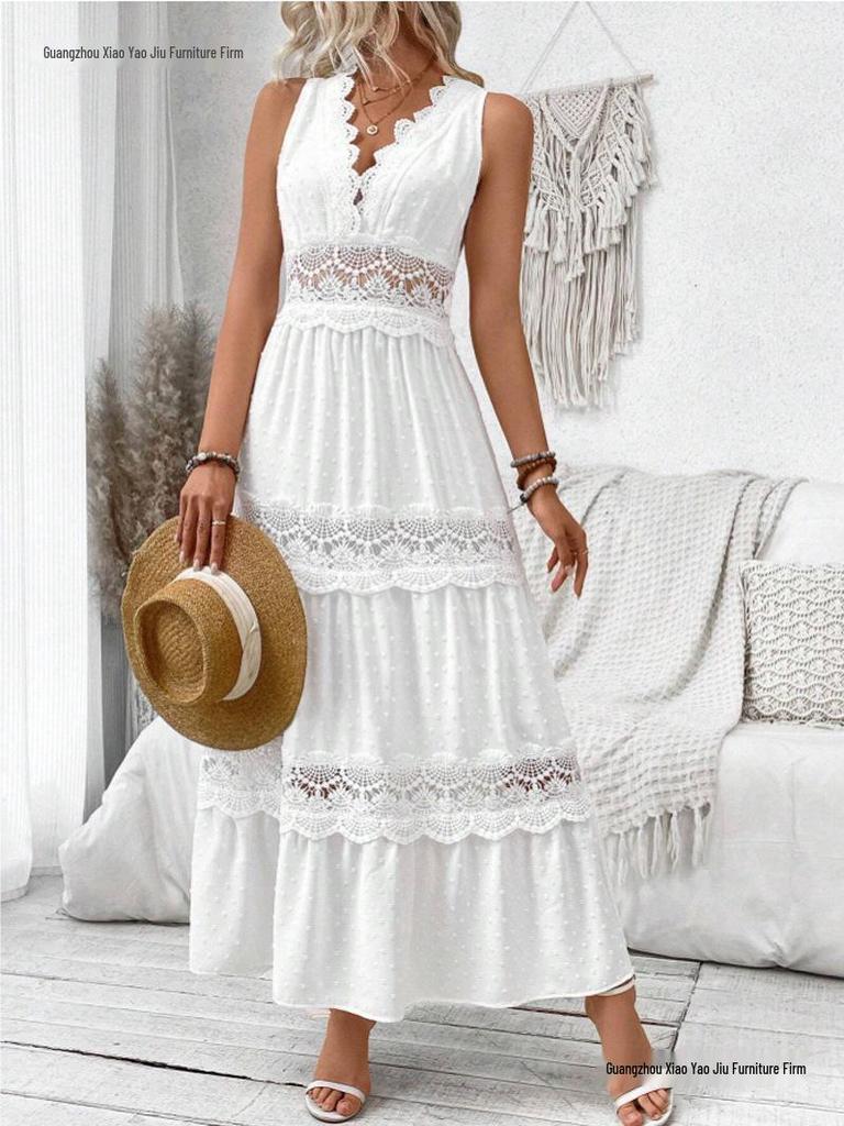 2026 European Summer Women's Lace V-Neck Sleeveless Dress