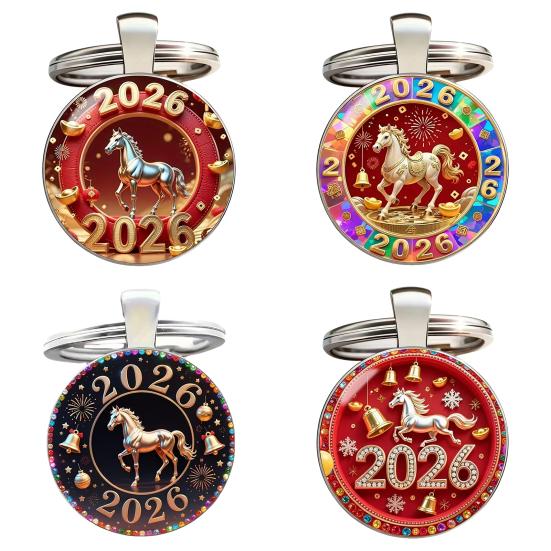 Chaveiro Padrão Cavalo 2026 Pingente Redondo Plano 2D de Metal para Chaves de Carro Decoração de Bolsa Presente Shin