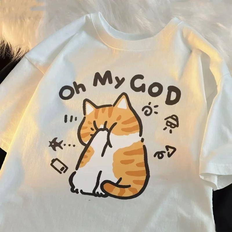 

Brand New Cat Print Short-Sleeve T-Shirt Summer Collection Sale Man and Woman Breathable Tee Top 2025 Kawaii Casual Tees Shirts S