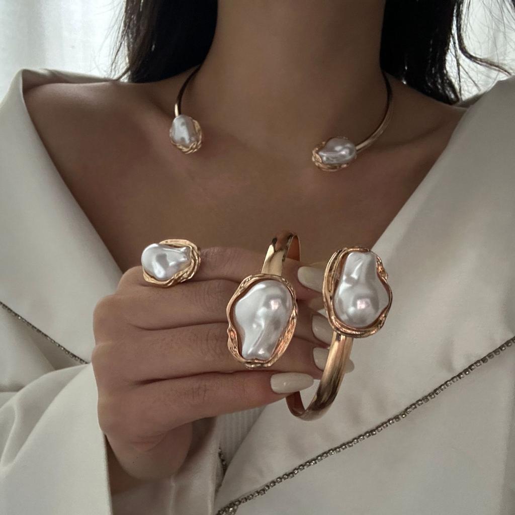 DIEZI French Style Baroque Imitation Zircon Torque Necklace Bangle Ring Set For Women Punk Gold copper Color Clavicle Zircon Set