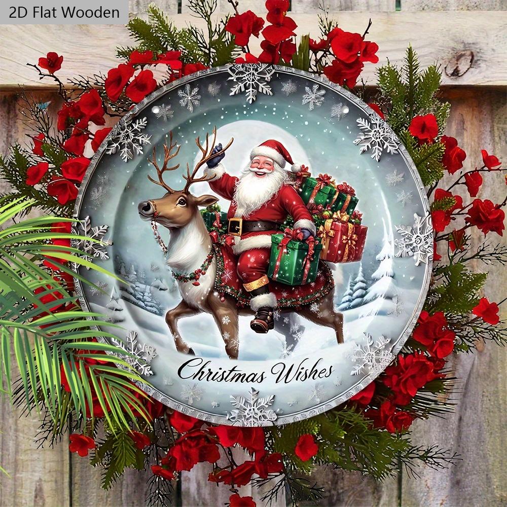 Rustikales Weihnachts-Holzschild mit Weihnachtsmann- und Elchmuster - Navidad Rundes Schild für Haustür, Wandbehang-Dekor - Idealer Weihnachtsschmuck
