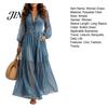 Comfortable Women Dress Faux Denim Maxi Dress, Mesh Patchwork Long Sleeve Button Down Shirt Casual Loose Vintage Summer Versatile