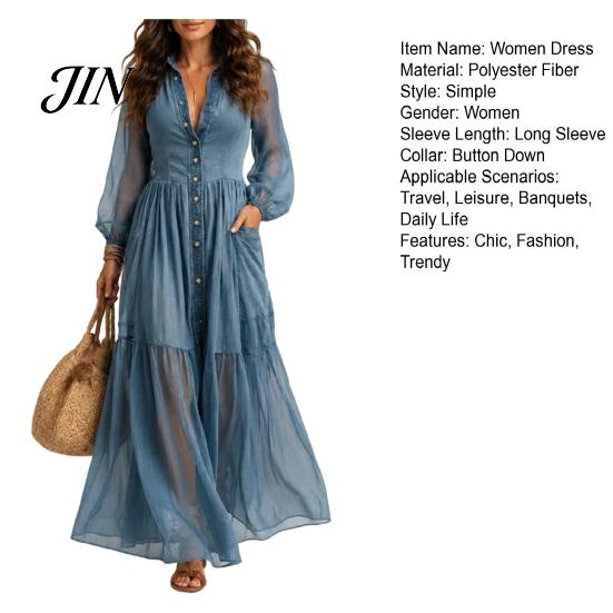 Comfortable Women Dress Faux Denim Maxi Dress, Mesh Patchwork Long Sleeve Button Down Shirt Casual Loose Vintage Summer Versatile