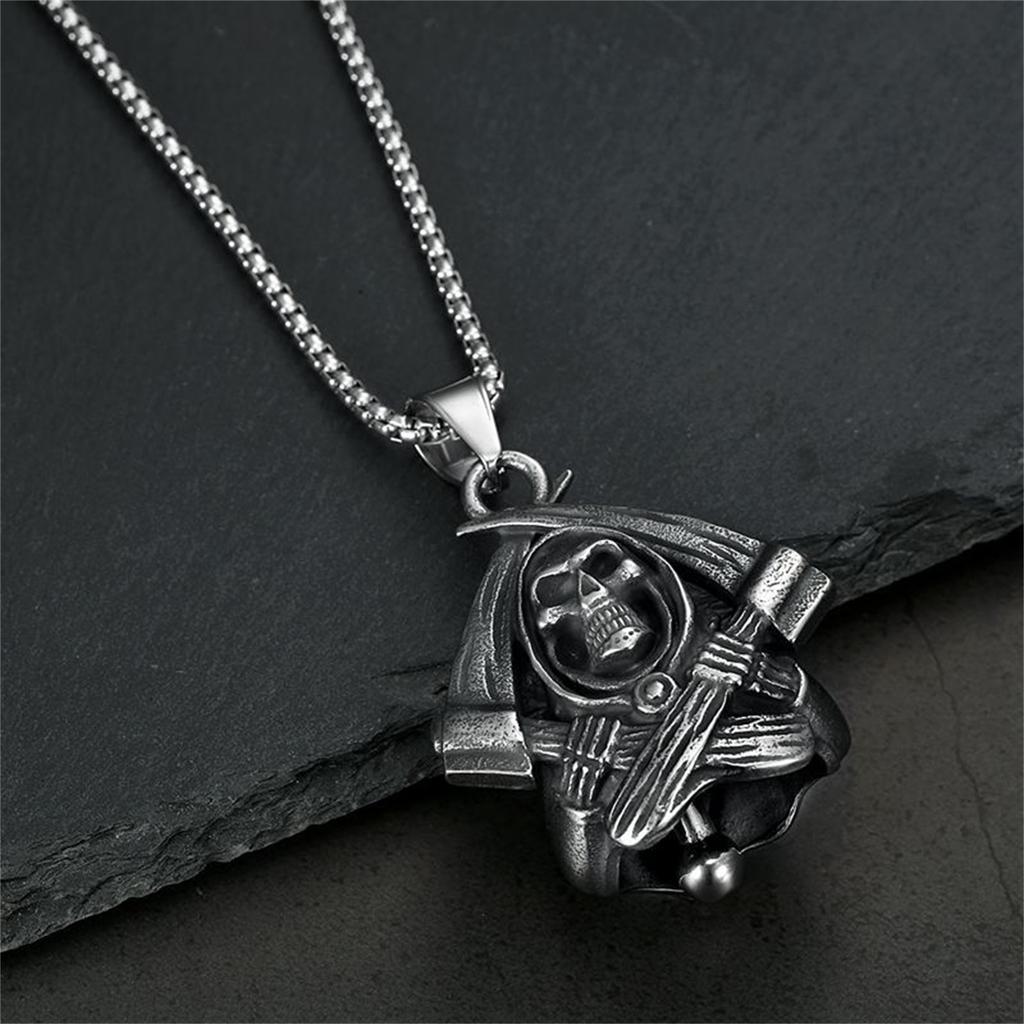 Santa Muerte Bell Stainless Steel Pendant Necklace Our Lady of Holy Death Double Scythes Mexican Grim Reaper Skull Jewelry