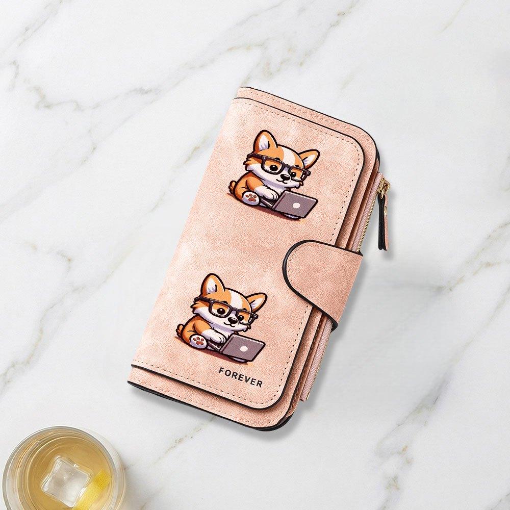 Fashionable Long Wallet with Corgi Computer Worker Wearing Glasses Print Design Eye Catching Multifunctional Portable Coin Purse with Clasp Large