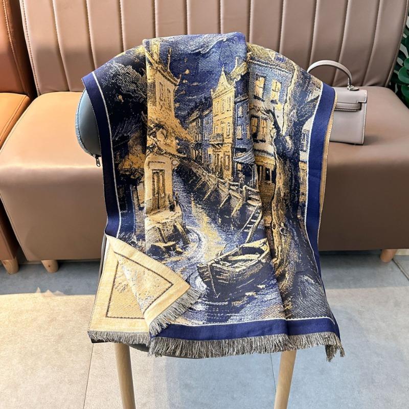 Sense of design Water town literary style retro thickened oil painting scarf Women's imitation cashmere light luxury dual-purpose scarf Shawl