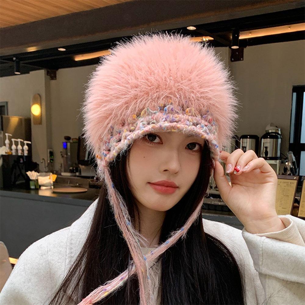 Mixed-color Straps Handmade Knitted Cap Ear Protection Winter Warm Cap  Women Girls Maiden