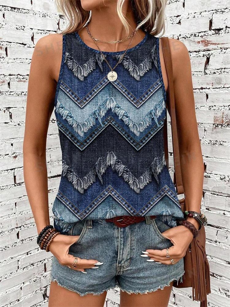 2026 New Striped Print Women's Elegant Tank Top Summer Street Fashion Tank Top Everyday Casual Women's Sleeveless T-shirt