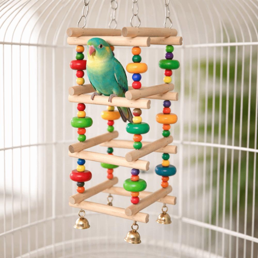 Colorful Wooden Parrot Chew Bite Resistant with Bells Parrot Swing Hanging Multi Layer Bird Cage Standing Training