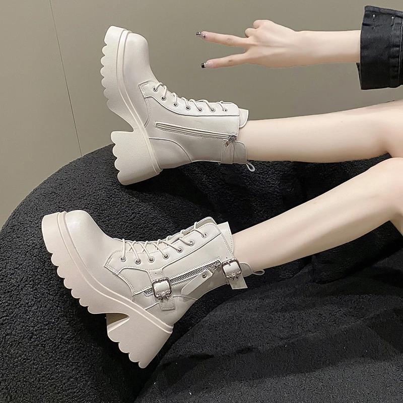 Fashion Cool British Style Lace-up Boots for Women Autumn New Style Thick Heel Thick Sole Belt Buckle Front Lace Up Leather Short Boots