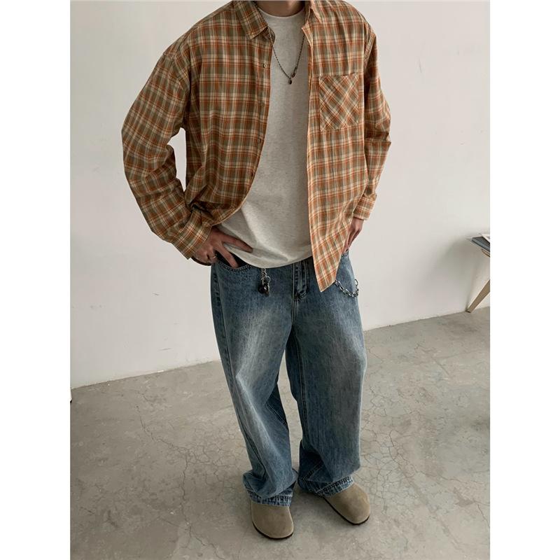 Spring and autumn washed burst blue jeans men's American retro loose wide-leg casual trousers