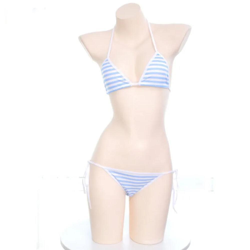 Japanese Lolita Kawaii Blue Pink White Striped Mini Bikini Set Adult Cosplay Erotic Costumes Bra Women Erotic Highcut Backless