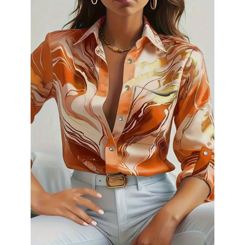 Women Print O-Neck Button Long Sleeve Shirt Loose Casual Holiday Tops Blouse