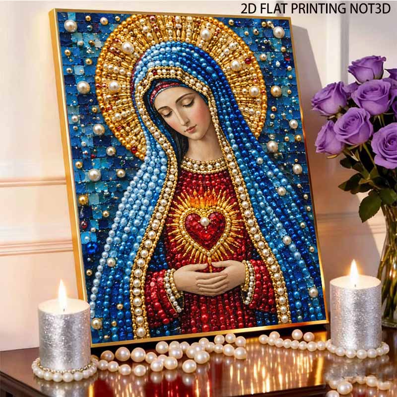 DIY Framed Pearl Bead Art Kit Religious Virgin Mary Jesus Sacred Heart Sparkling Canvas Painting for Modern Room Wall Decor Gift