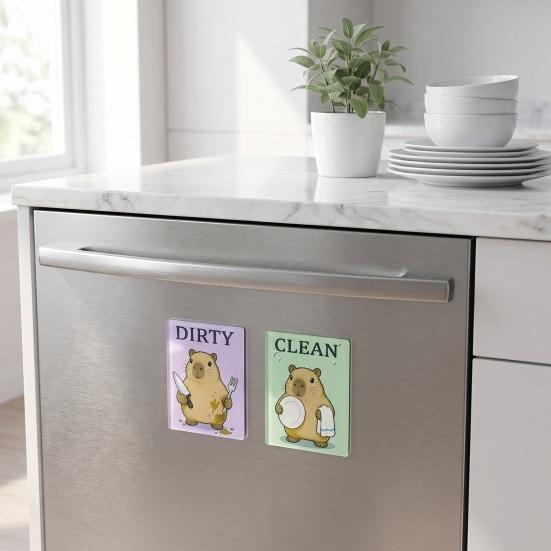 Heavy Duty Magnetic Sign Clean Dirty Dishwasher Magnet, Acrylic Cartoon Animal Sign, Double-Sided & Magnet for Kitchen Decoration Double Sided