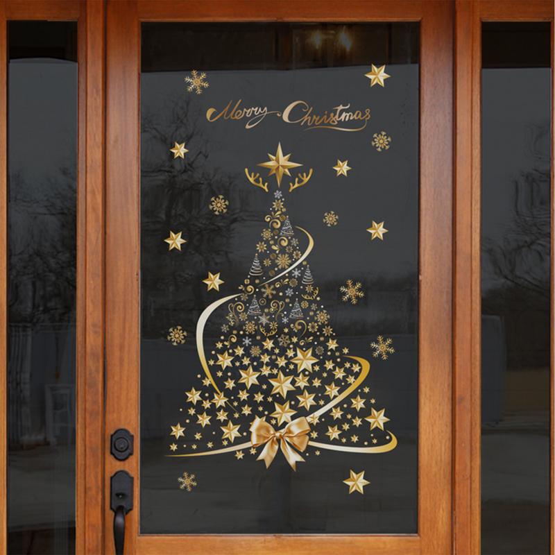 New Christmas Decoration Window Stickers Gold Xmas Tree Merry Christmas Mirror Sticker Xmas Tree Window Glass Sticker New Year