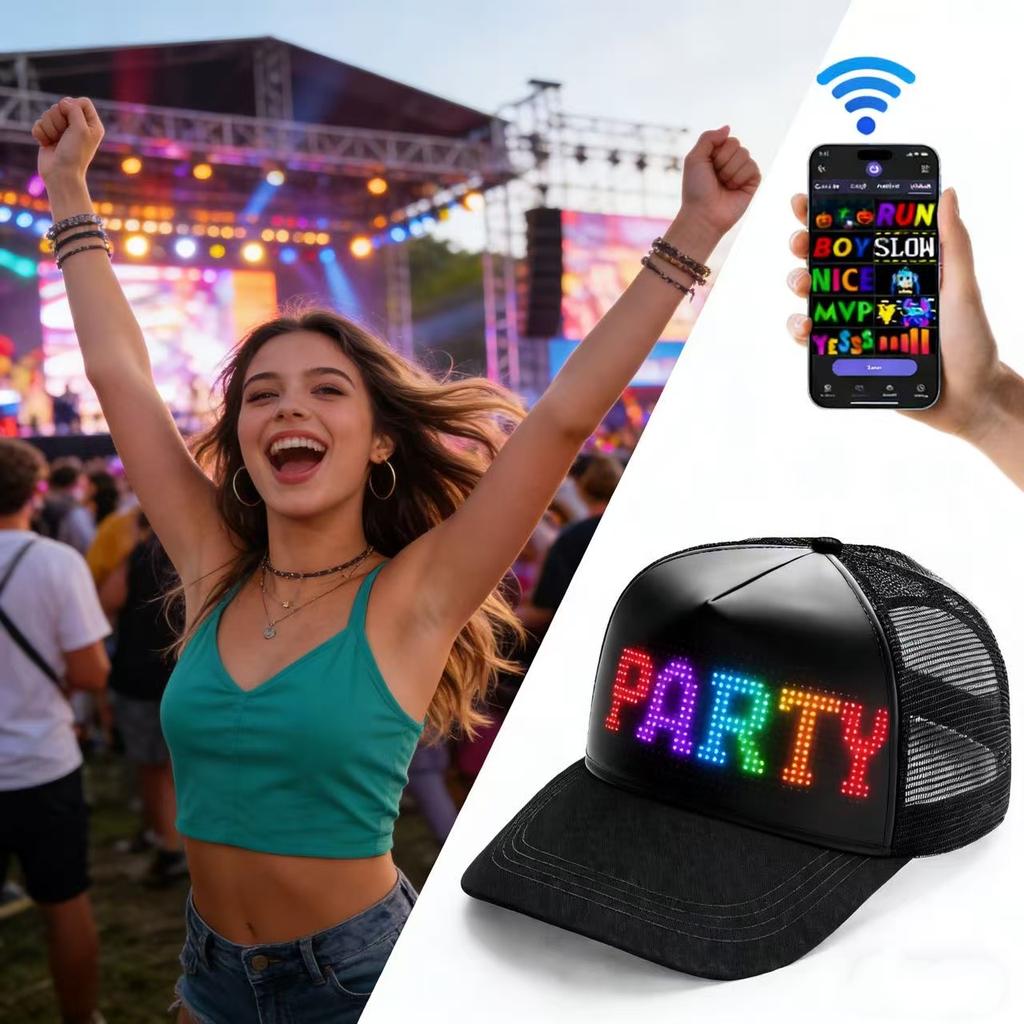 RGB LED Hat with APP Control Programmable DIY Editable (Text, Music, Image, Drawing) Cool Light Up Baseball Cap For Men Women