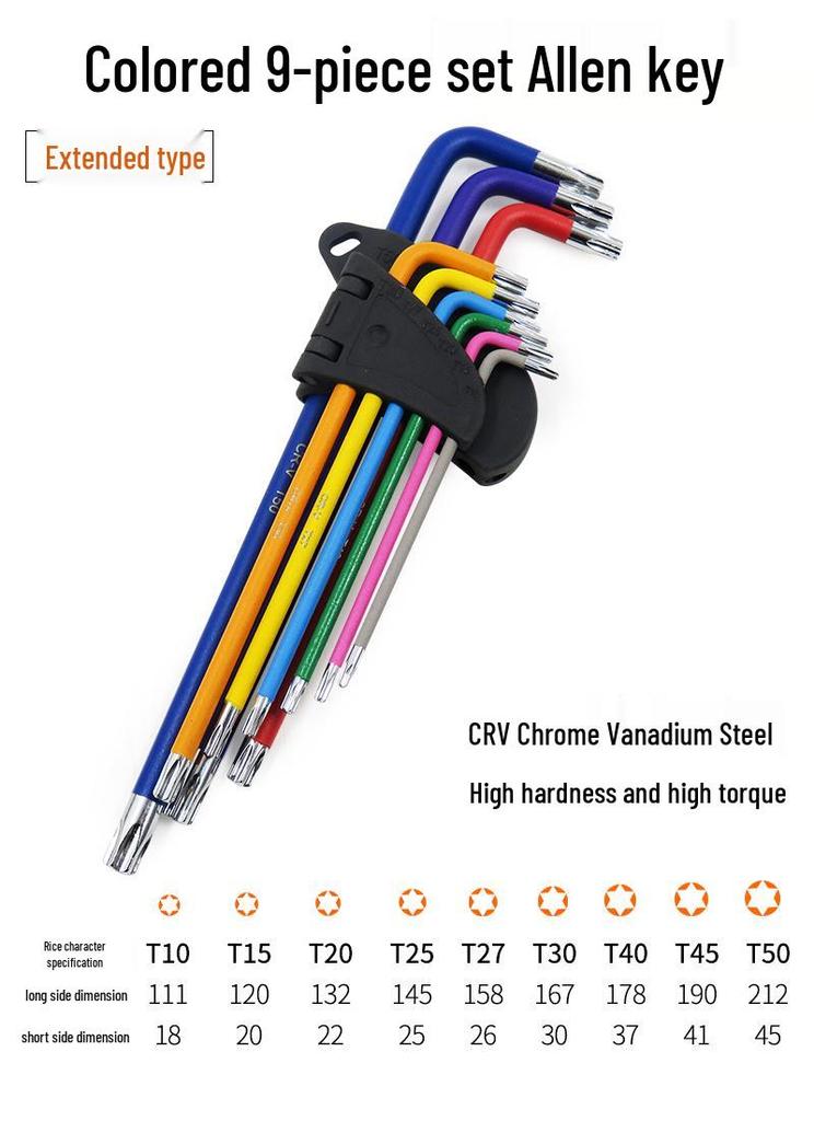Industrial Color Hex Wrench Set: Chrome Vanadium Ball Head, Torx, Phillips, Star, Medium-Long, Foldable, Multi-Purpose.
