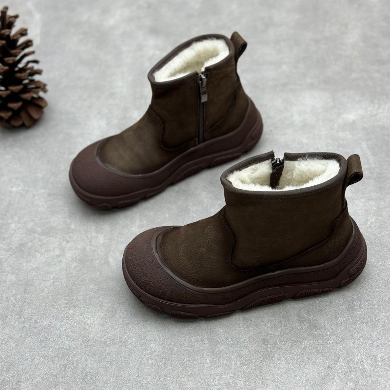 Johnature Handgefertigte Damen-Kurzstiefel aus echtem Leder mit runder Zehenpartie, flachem Boden, verdickt, warm gefüttert mit Wolle, Schneestiefel