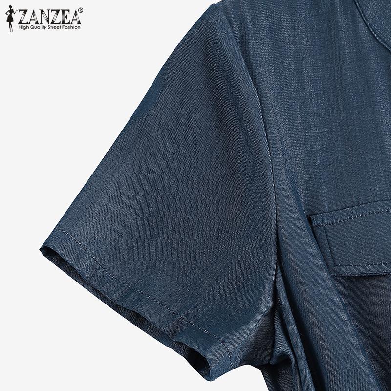 ZANZEA Women Retro Casual Blue Denim Short Sleeve V-neck Midi Dress