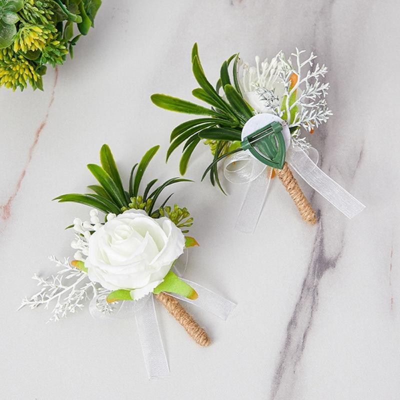 Pack of 6 White Artificial Rose Boutonniere Pin Elegant Bridals Brooch Wedding Groomsmen Accessories Suit Decoration
