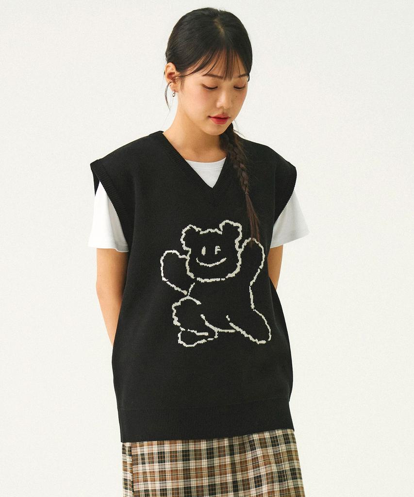 Graver [Unisex] Big Line Bear Smile Knit Vest_Black