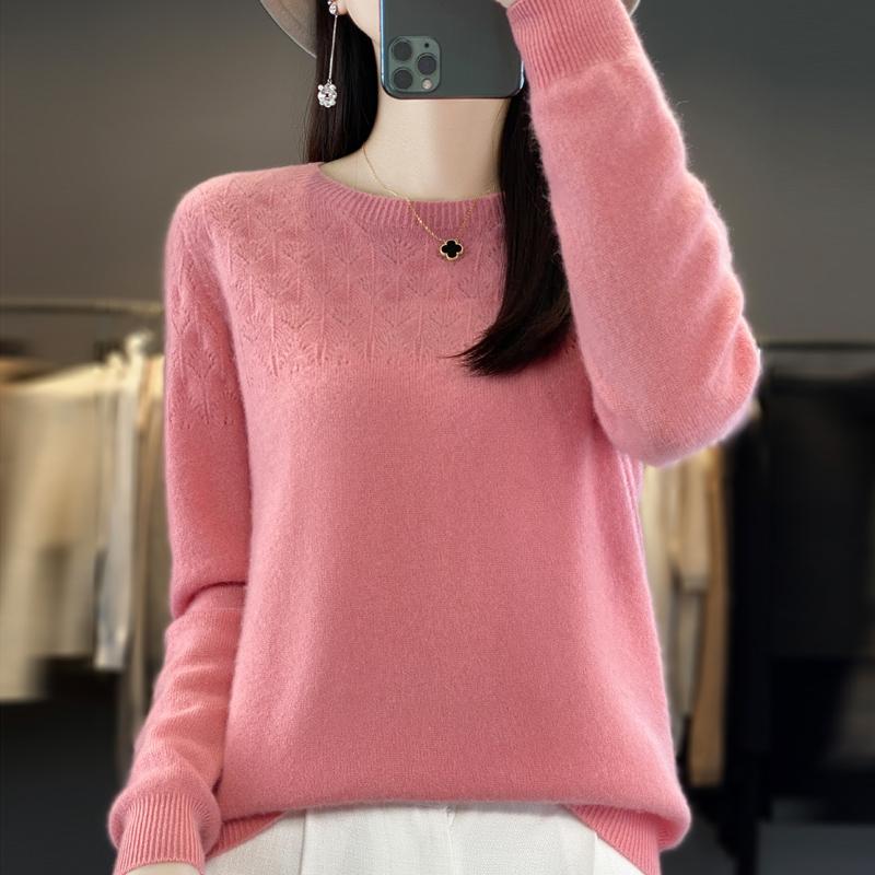 Women's Round Neck Sweater, Qinghe Cashmere, 30% Cashmere 70% Wool, Hollow Winter Knitted Pullover Autumn Sweater Cashmere Sweater
