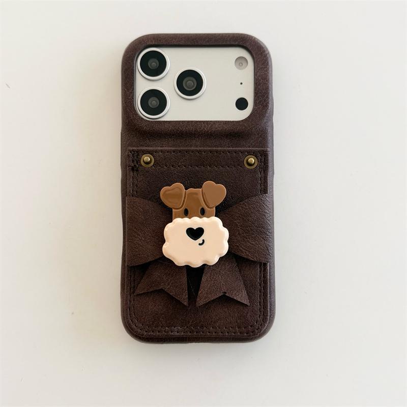 

Cute Schnauzer Dog Leather Card Holder Phone Case For iPhone 17 16 15 14 Pro Max Kawaii Bow Protective Cover for Girls For iPhone 15