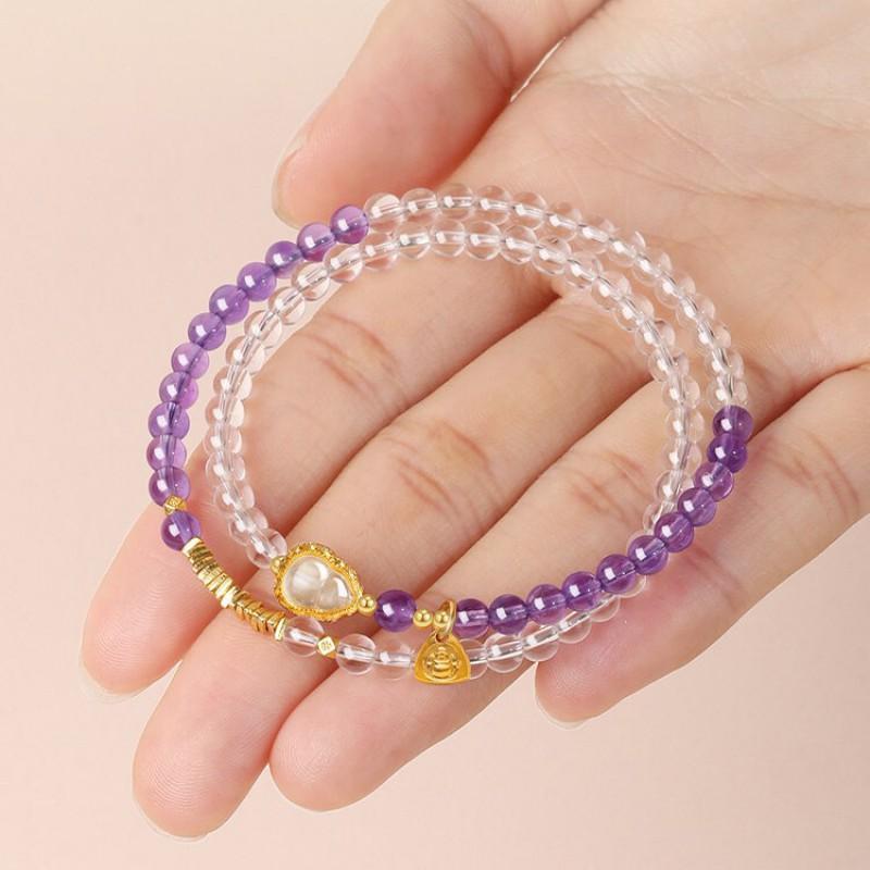 Bracciale con Perle di Ametista Naturale e Quarzo Chiaro con Ciondolo a Zucca Gioielli in Cristallo Fatti a Mano da Donna Regalo