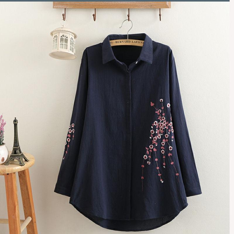 Spring Plus Size 6XL Women's Mid-length Embroidered Cotton and Linen Shirt Women's Loose Fashion Plus Size Shirt
