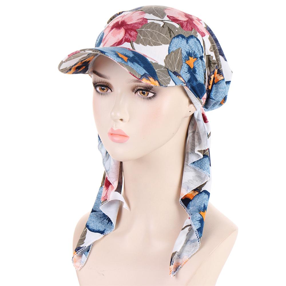 2025 Print Pre-Tied Hat Women Muslim Long Tail Headscarf Hijab Turban Visor Chemo Cap Bonnet Hair Loss Head Wrap Turbante Mujer