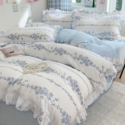 Conjunto de capa de edredom de renda coreana com 4 peças, 1 capa de edredom + 1 lençol plano + 2 fronhas sem núcleo, conjunto de cama com estampa de flores frescas