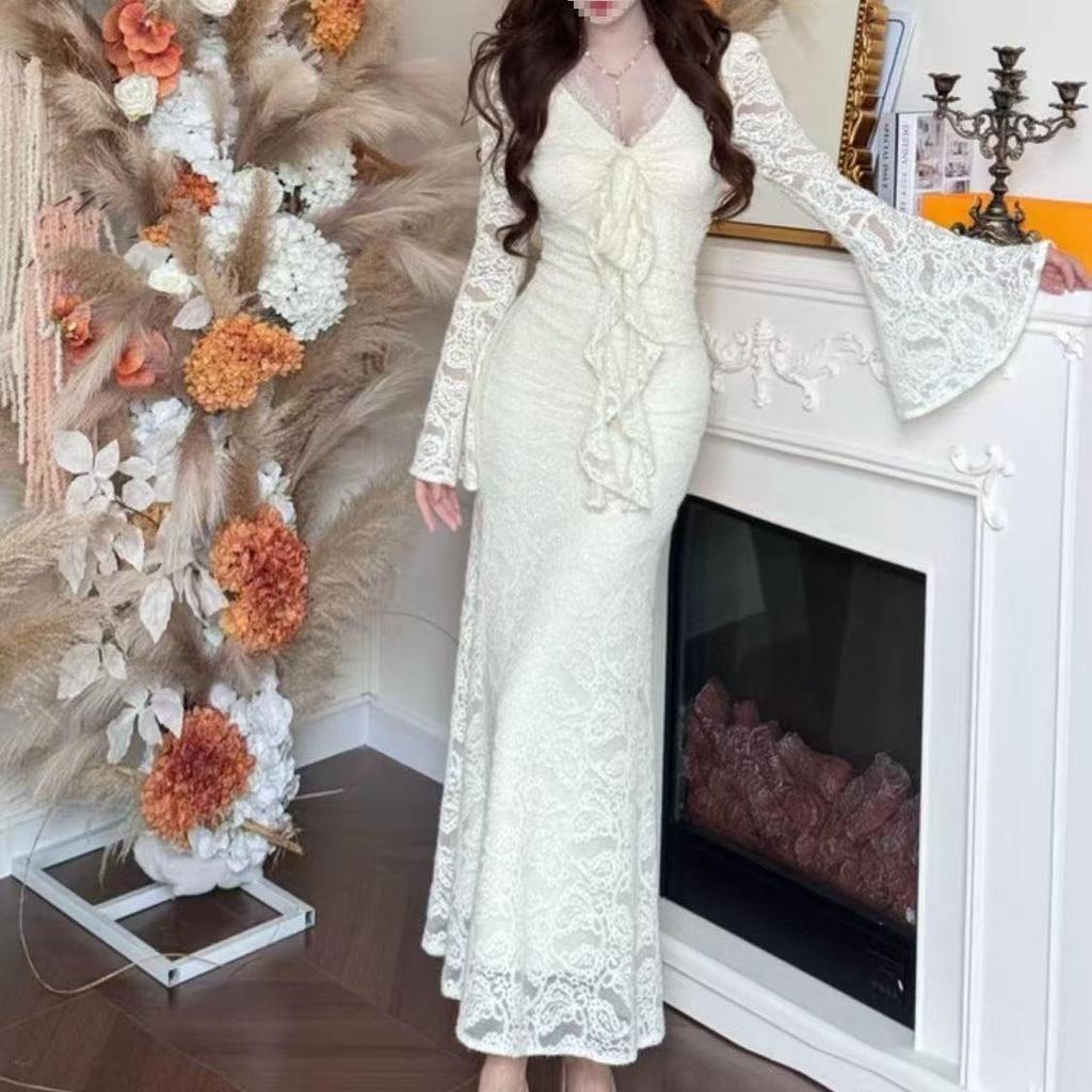 Elegant Lace Bell Sleeve V-Neck Dress for Women - Sexy French-inspired, Spring/Autumn, Figure-Flattering, Tight-Fit, Hip-Hugging Long Dress