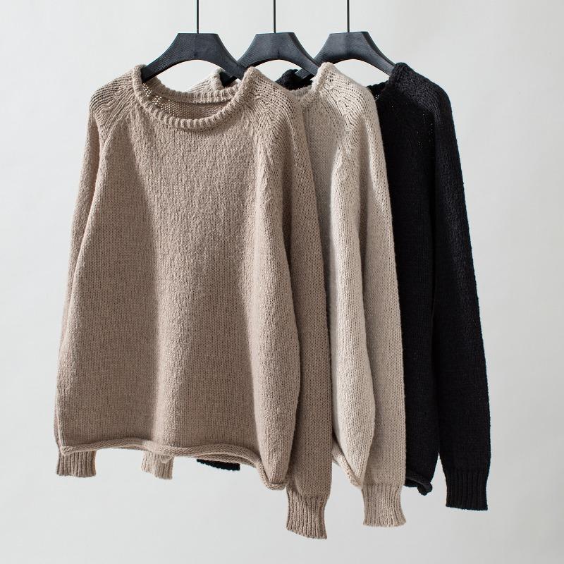 Solid Color Rolled Hem Pullover Women's Sweater Crew Neck Sweater