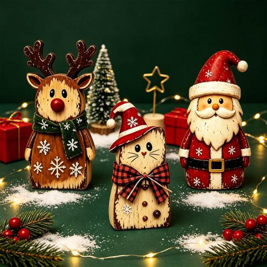 Poplar Plywood Holiday Gifts Christmas Wooden Tabletop Figurine, Hand Painted Santa Reindeer Cat Decor, Rustic Farmhouse Style Wood Ornaments Statues