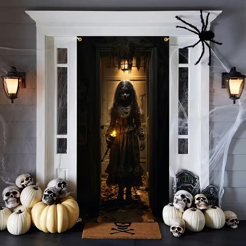 2D Halloween Haunted Girl Door Banner, Scary Spooky Party Decor