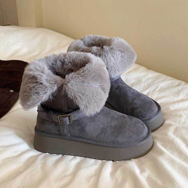 Winter new thick-soled snow boots for women wear leather buckles with plush warm fluffy flanged non-slip cotton boots