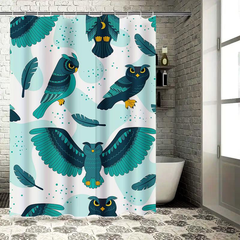 Whimsical Owl Bath CurtainVivid Blue Feather Print Shower Curtain with Moon Motif Perfect for Bathroom Decor