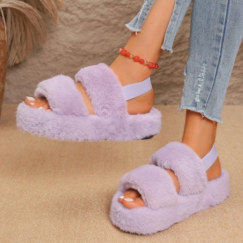 

Fashion Plush Cotton Mopping Winter New Round Toe Open Toe One Strap Anti-slip Wear-resistant Platform Flats 42 фиолетовый