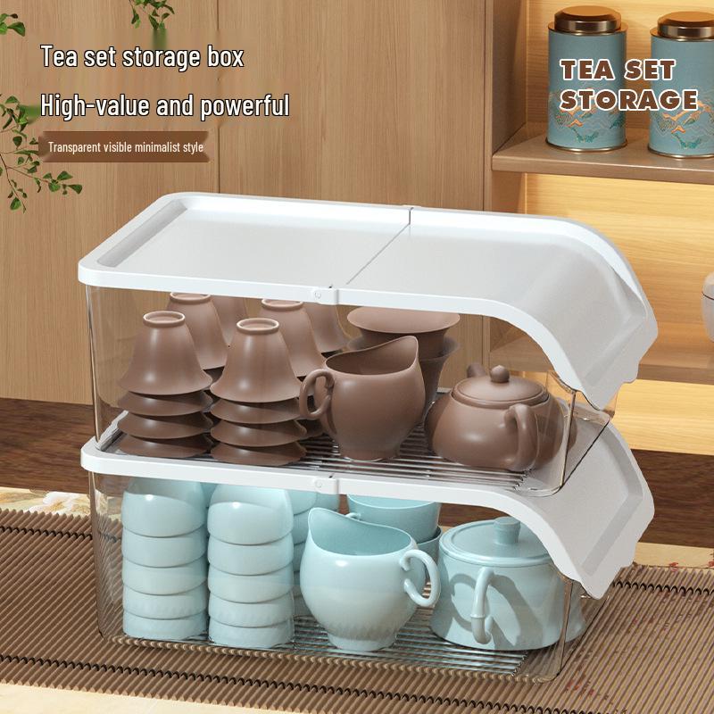 White Transparent Tea Set Storage Box with Lid - Dustproof, Moisture-Proof Kitchen Countertop Organizer