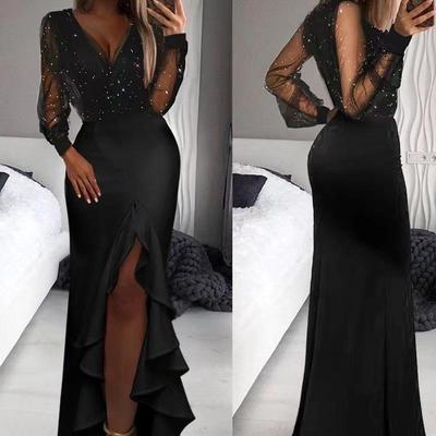 2024 Schwarzes Kleid mit langem Rock und mittelhoher Taille im literarischen Pailletten-Netzdesign