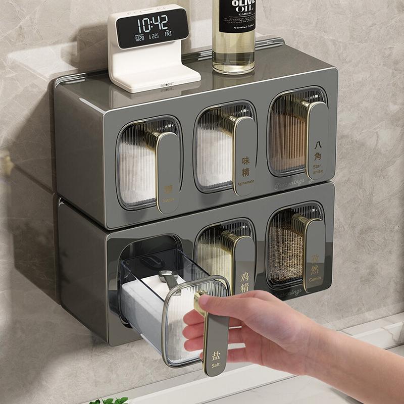 Kitchen Spice Rack Organizer Sugar Salt Shaker Seasoning Container Jar Kitchen Storage Spice Box 3-Grid Household Condiment Case