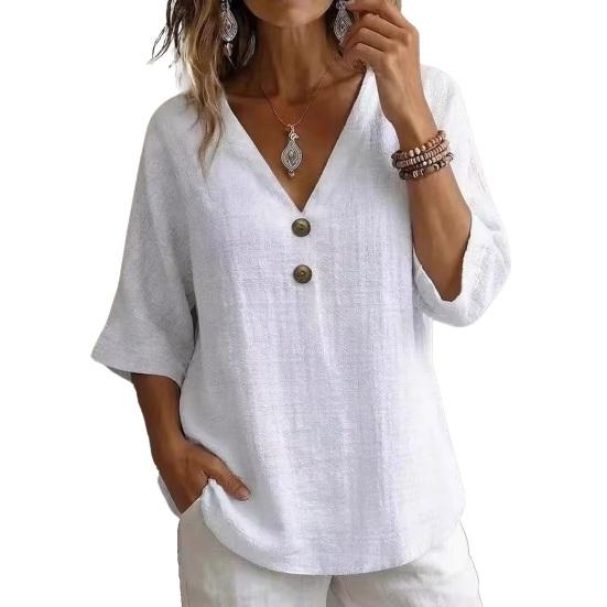 Women Tops Loose Fit V Neck 3/4 Sleeves Pullover Tops Button Decor Pure Color Summer Casual T-shirt Daily Wear