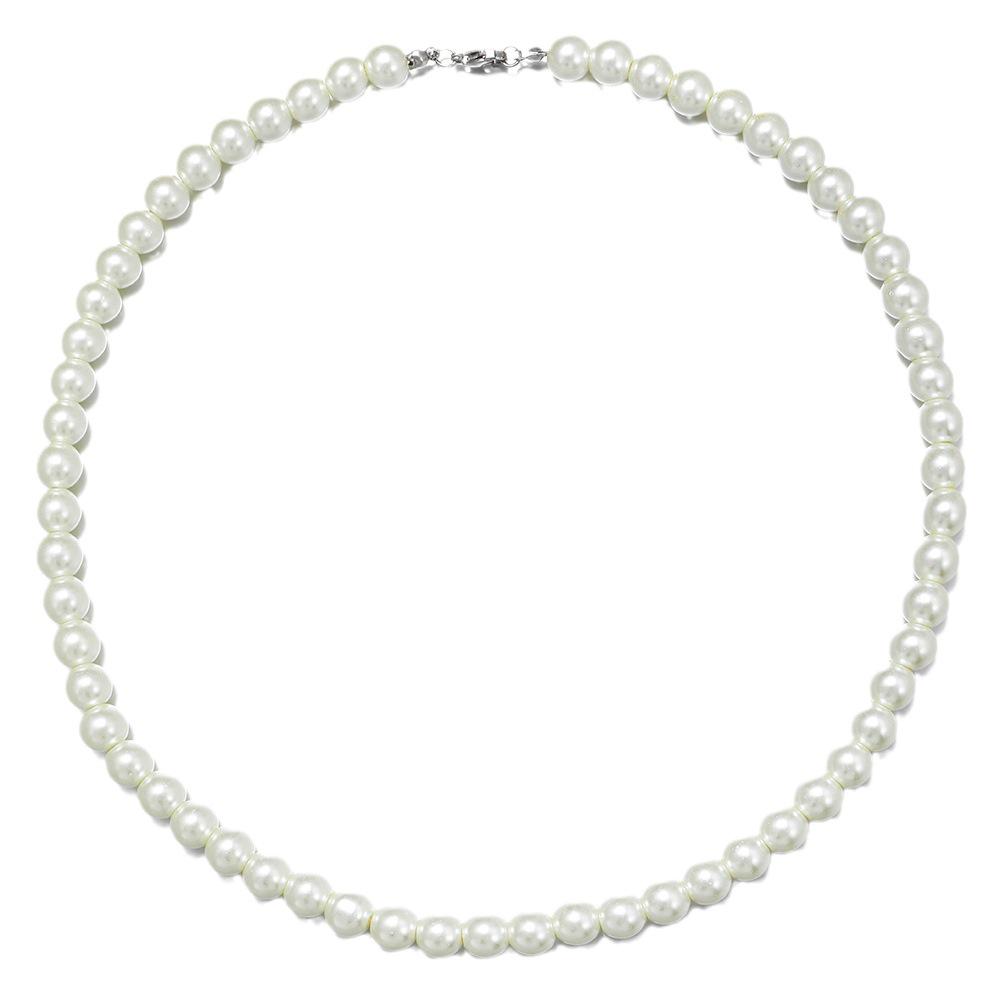 Men's Single Layer Pearl Necklace - Round Beaded Stainless Steel Clavicle Chain